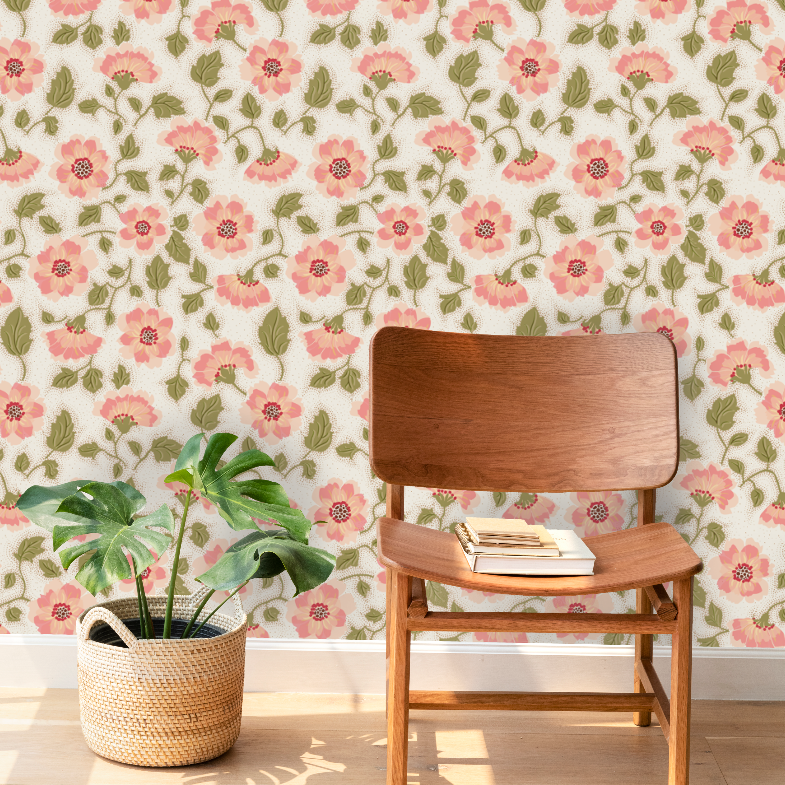 Floral Vintage Nostalgia Light peel and stick wallpaper room mockup